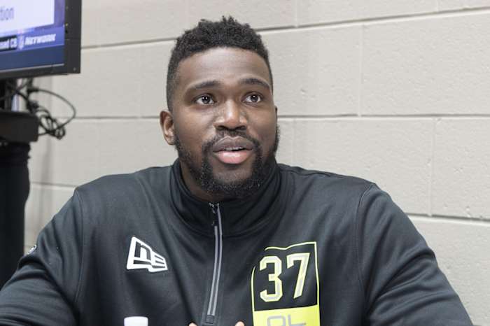 Feb 26, 2020; Indianapolis, Indiana, USA; Connecticut offensive lineman Matt Peart (OL37) speaks to the media during the 2020 NFL Combine in the Indianapolis Convention Center.